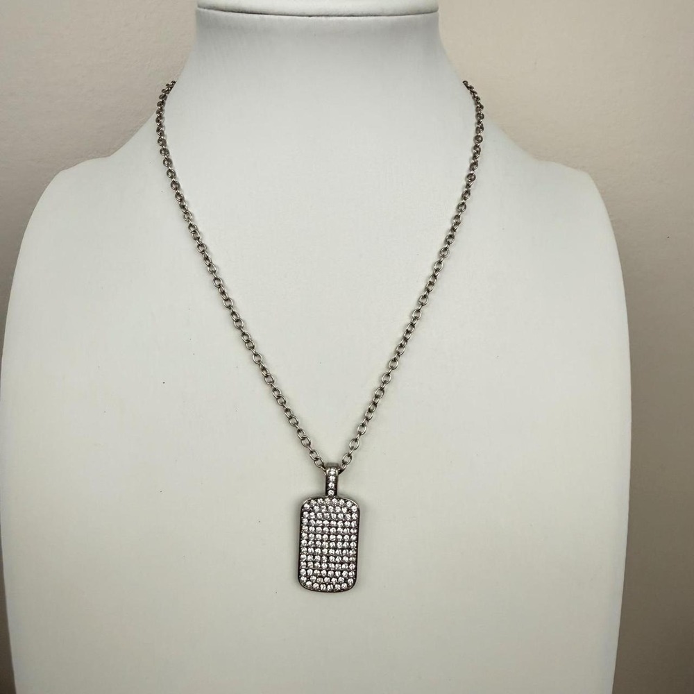 Marlyn Schiff Silver Tone Necklace Crystal Dog Tag Pave Rectangular Pendant - Picture 2 of 5